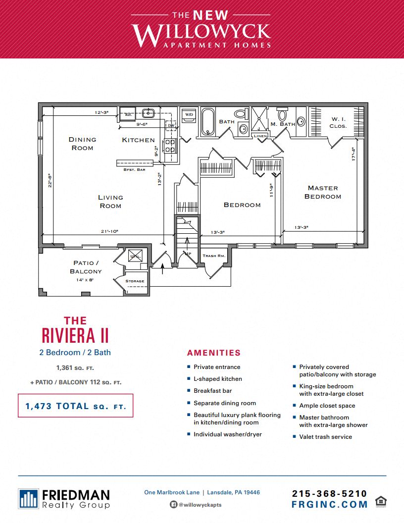 Floor plan for 2 beds, 2 baths, 1361 sqft